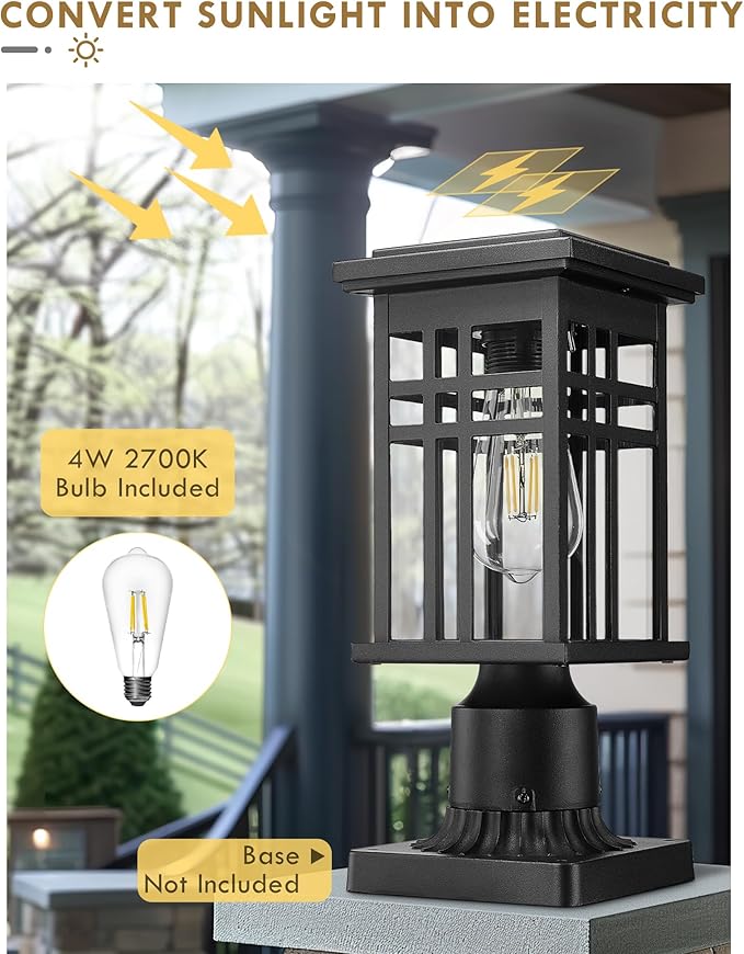 Solar Lamp Post Light, HWH 12 Inch Black Exterior Post Light for Yard Garden with Remote Control, Die-Cast Aluminum with Clear Glass Shade, 5HD36P SL BK