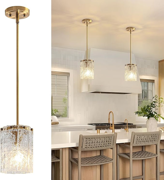 Modern Gold Pendant Light, Round Handmade Glass Kitchen Island Lighting, Mini Brushed Brass Cylinder Hanging Light Fixture for Dining Room Bedroom Hallway