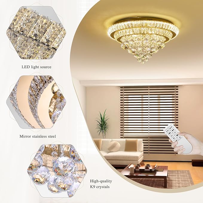 COCOSTAR 24" Gold Crystal Chandeliers, Flush Mount Chandelier LED Ceiling Light, Modern Crystal Raindrop Chandeliers for Dining Room, Living Room, Bedroom