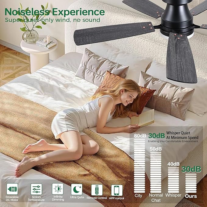 48” Ceiling Fans with Lights, Flush Mount Ceiling Fan with Light And Remote/APP, Low Profile Ceiling Fan with Light, Reversible, 6 Speed Noiseless LED Ceiling Fan, Black Ceiling Fan for Bedroom