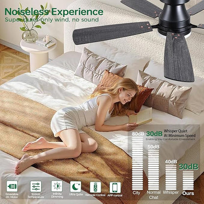 48” Ceiling Fans with Lights, Flush Mount Ceiling Fan with Light And Remote/APP, Low Profile Ceiling Fan with Light, Reversible, 6 Speed Noiseless LED Ceiling Fan, Black Ceiling Fan for Bedroom