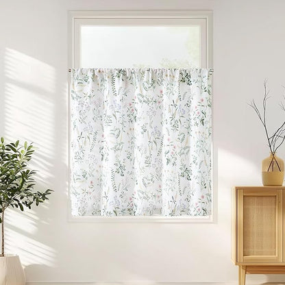jinchan Spring Floral Kitchen Curtain Over Sink Farmhouse Linen Tier Curtain 24 Inch Length Cafe for Living Room Bathroom Botanical Small Drapes Rustic Light Filtering Rod Pocket 1 Panel Sage Green