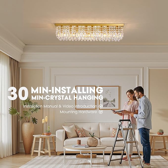 Modern Crystal Chandeliers for Dining Room Light Fixture, 8-Light Gold Rectangle Chandelier Ceiling Light for Kitchen Island Living Room, L39.4 Inch