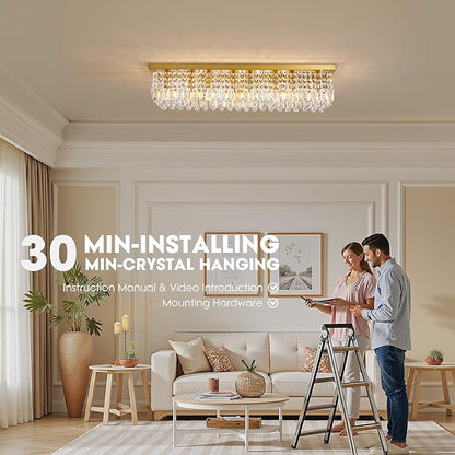Modern Crystal Chandeliers for Dining Room Light Fixture, 8-Light Gold Rectangle Chandelier Ceiling Light for Kitchen Island Living Room, L39.4 Inch