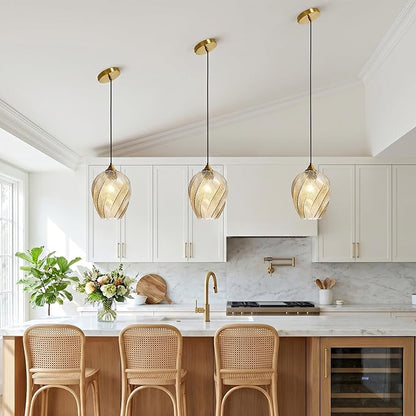 Amber Glass Gold Pendant Light, Farmhouse Kitchen Island Pendant Light Fixture Adjustable Vintage Hanging Ceiling Light for Dining Room Corridor Bedroom 1 Pack, UL Certification