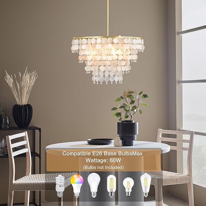 Natural Capiz Shell Chandelier, Coastal Modern Chandelier, Hanging Round Layered Pendant Lighting(4 Light, Gold)