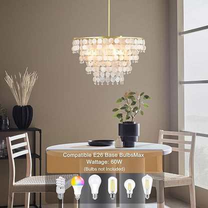 Natural Capiz Shell Chandelier, Coastal Modern Chandelier, Hanging Round Layered Pendant Lighting(4 Light, Gold)