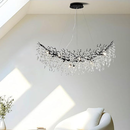 Modern Crystal Tree Branches Chandelier, 47.5in Black 12 Lights Large Ceiling Hanging Light for Dining Room, Arc Raindrop Pendant Light Fixture