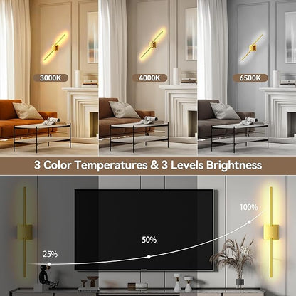 Torchlet Battery Operated Wall Sconces Set of 2 with Remote Control,DIY Independent Rotation Picture Lights,3000K-6000K Dimmable LED Rechargeable Wall Lights for Living Room Bedroom, 28.3'' Gold