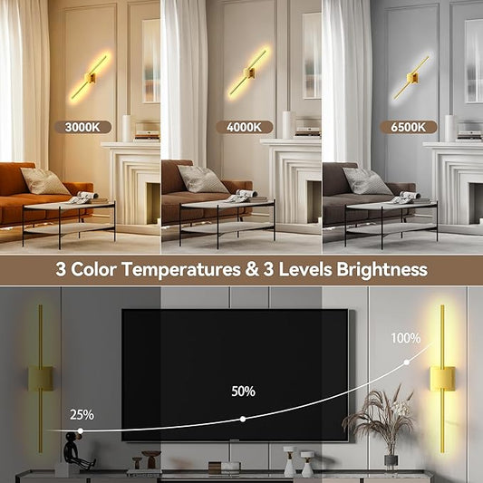 Torchlet Battery Operated Wall Sconces Set of 2 with Remote Control,DIY Independent Rotation Picture Lights,3000K-6000K Dimmable LED Rechargeable Wall Lights for Living Room Bedroom, 28.3'' Gold