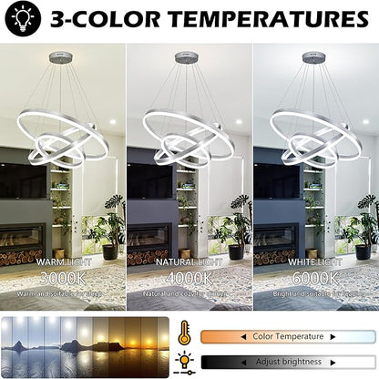 31.5" Nickel Modern Led Chandelier 3 Ring Modern Led Pendant Light Contemporary Ring Chandeliers Dimmable Chandeliers Color Temperature Adjustable Height Hanging Chandelier for Entryway