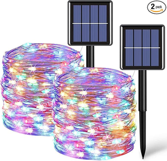 QITONG Multicolor Solar Fairy Lights, 2 Pack Each 66ft 200 LED String Lights Outdoor, Silver Wire Solar Christmas Lights with 8 Modes