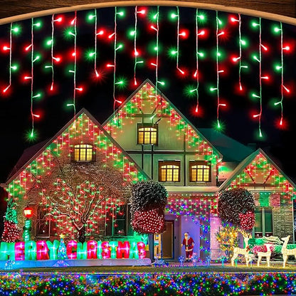33ft Red and Green Christmas Lights, 400 LED Icicle Lights for Outside, Clear Wire Connectable Twinkle Light with 8 Modes Timer Waterproof for House Window Party Tree Holiday Patio Yard Home Decor