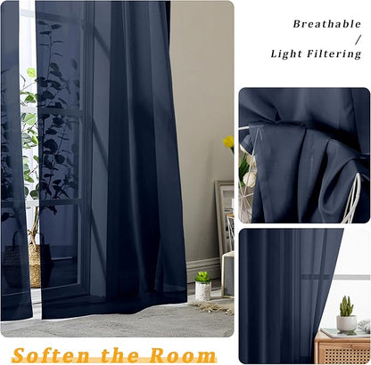 Gwine Navy Blue Sheer Curtains 84 Inches Long 2 Panels Set for Living Room, Rod Pocket Voile Bedroom Curtains, Light Filtering Solid Window Sheer Panels, Each 42" Wx84 L