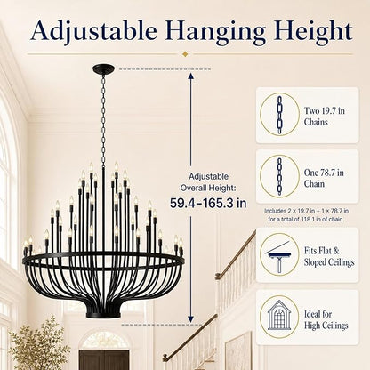 Shandaglo 60 Inch Black Wagon Wheel Chandelier for High Ceilings, 72-Light 3-Tier Extra Farmhouse Foyer Light Fixture, Large Round Pendant for Entryway Staircase Dining Room