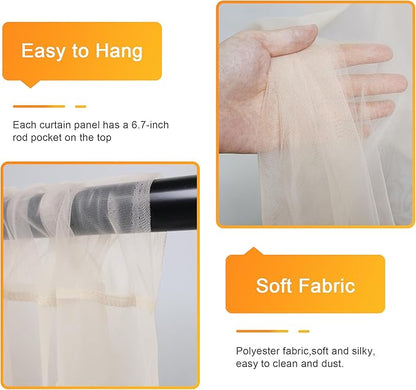 Fomcet Tulle Backdrop Curtains Champagne 30FT X 10FT Tulle Curtain with Lights String Sheer Backdrop Curtains for Parties Wedding Baby Shower Photo Shoot Decorations (6 Panels 5x10FT)