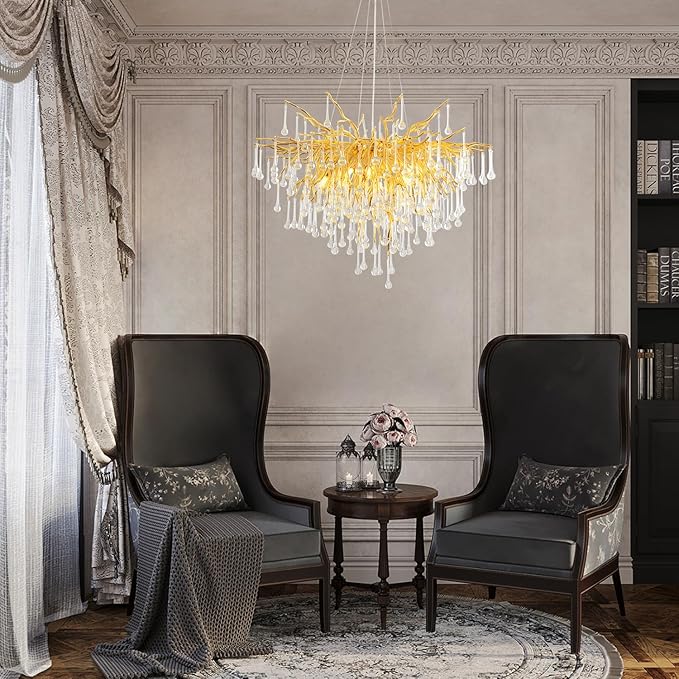 Gold Crystal Chandelier for Dining Room - 23in Modern Raindrop Teardrop Tree Branch Brass Chandeliers for Living Room, Bedroom, Entryway, Foyer, High Ceiling, Bathroom(Bulb not Included)