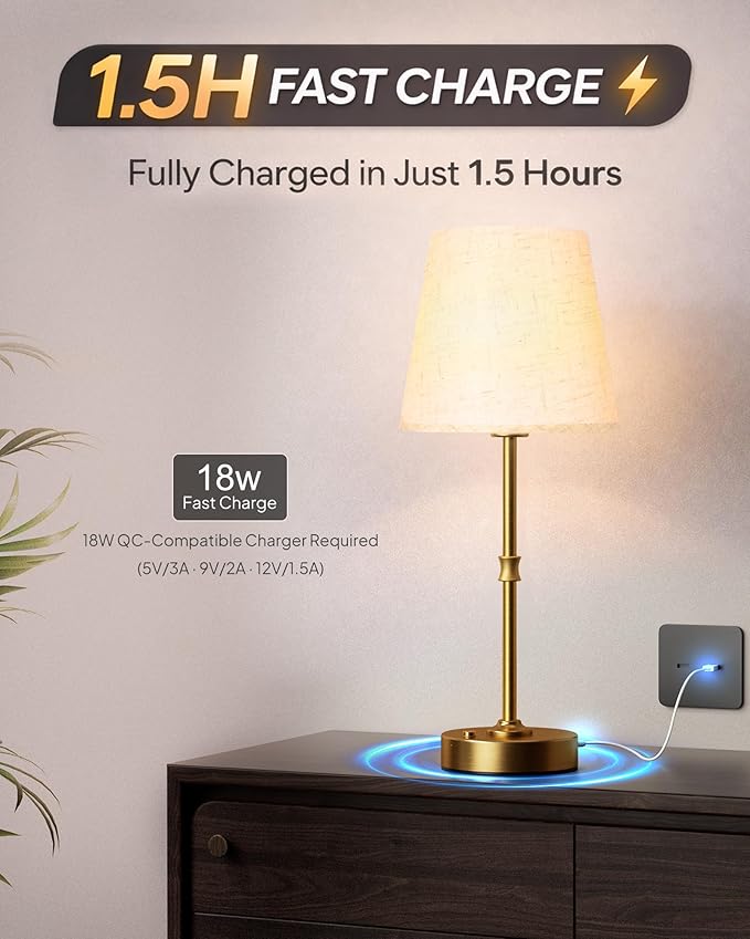 EppieBasic Cordless Table Lamp Rechargeable: Fast Charging & Long Lasting - 2700K Warm Light Small Vintage Gold Side Table Lamps - Dinning Living Room Bedroom - Linen Shade