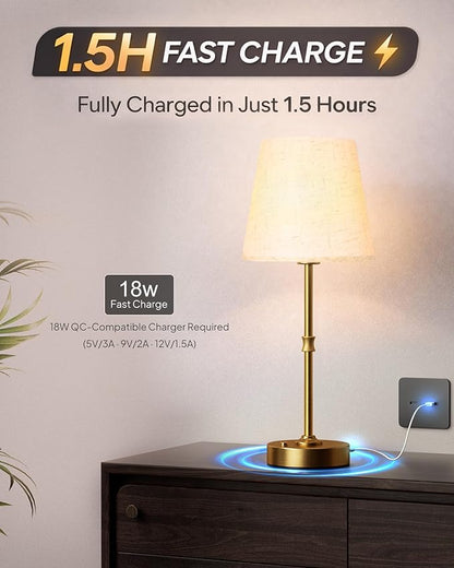EppieBasic Cordless Table Lamp Rechargeable: Fast Charging & Long Lasting - 2700K Warm Light Small Vintage Gold Side Table Lamps - Dinning Living Room Bedroom - Linen Shade