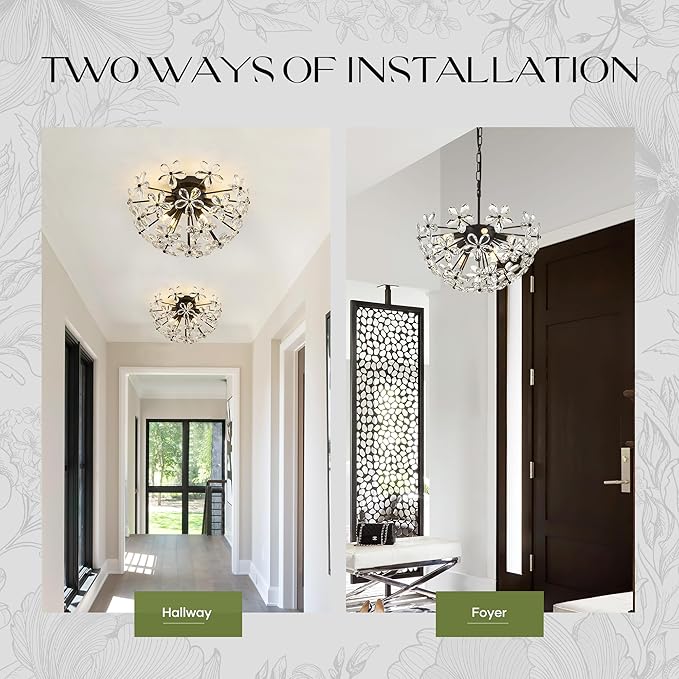 17" Modern Black Crystal Sputnik Chandelier for Dining Living Room Glam Luxury Petal Hemisphere Chandelier 7-Light for Foyer Hallway Elegant Pendant Ceiling Light Fixture for Kitchen Bedroom
