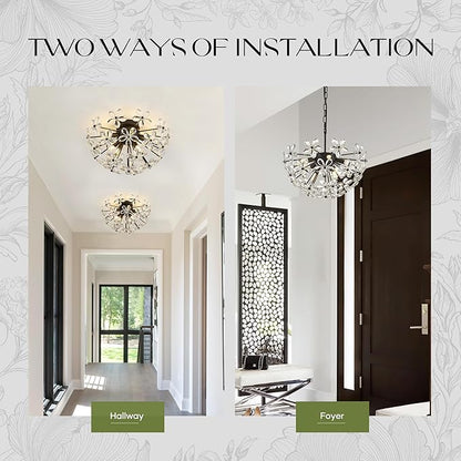 17" Modern Black Crystal Sputnik Chandelier for Dining Living Room Glam Luxury Petal Hemisphere Chandelier 7-Light for Foyer Hallway Elegant Pendant Ceiling Light Fixture for Kitchen Bedroom