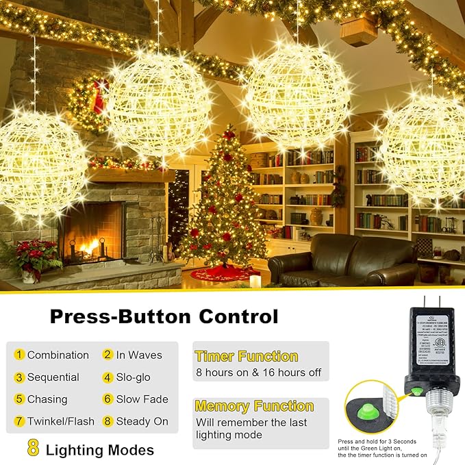 Baung Christmas String Lights Outdoors,4 Pack 15.74" Sphere Lights,Ball Tree Garden Globe Lights for Home, Party, Christmas, Porch Patio,Wedding, Garden,Tree Decoration with Plug