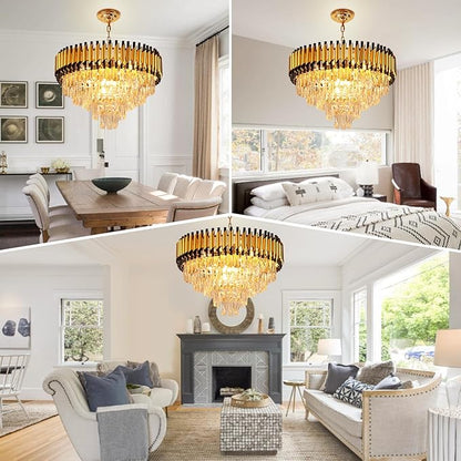 Depuley Modern Gold Crystal Chandelier: 24" 5-Tier K9 Crystal Hanging Light 9-Light Flush Mount Chandelier for Living Room Dining Room Entryway Bedroom Included Bulbs