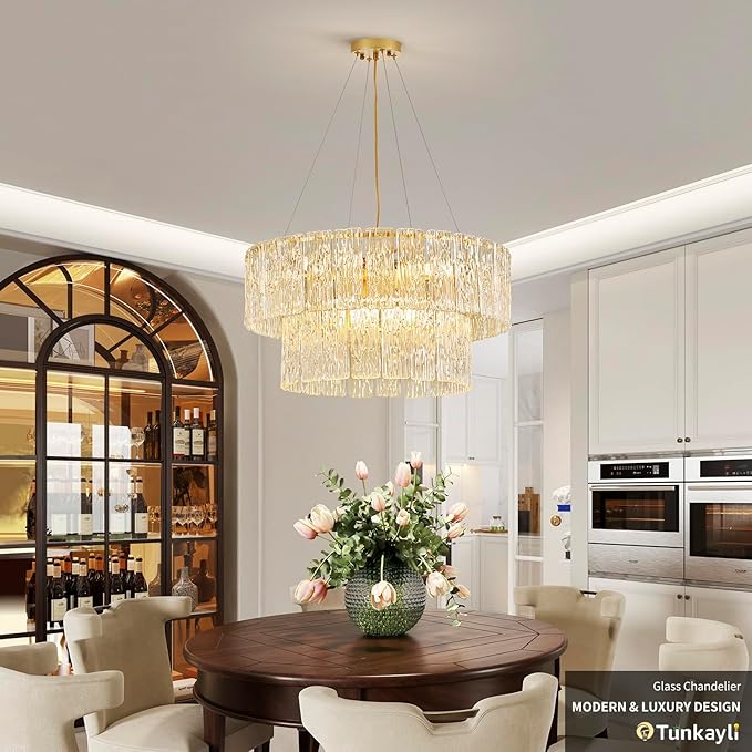 24" Modern Gold Crystal Chandelier Living Room 8-Light Crystal Elegant Lighting Large Glass Chandelier Luxury 2-Tier Round Chandeliers for Dining Room Foyer Living Room Bedroom