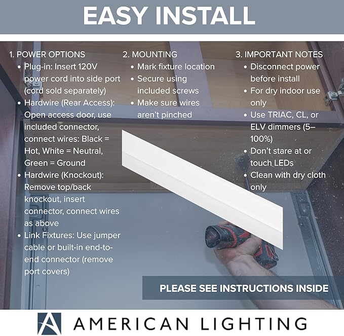 American Lighting LED Courant Plus Undercabinet Light 40 Inch 5CCT 90+ CRI 2000 Lumens with USB-A USB-C and 20A Receptacles White Finish Title 24 Compliant