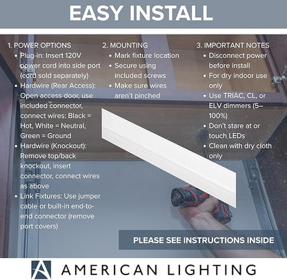 American Lighting LED Courant Plus Undercabinet Light 40 Inch 5CCT 90+ CRI 2000 Lumens with USB-A USB-C and 20A Receptacles White Finish Title 24 Compliant