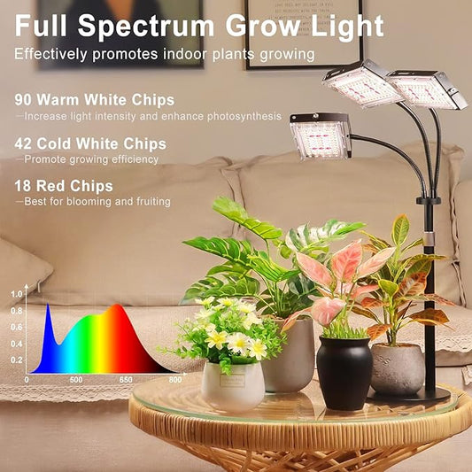 LBW Grow Light for Indoor Plant,Full Spectrum Tri-Head Desk Plant Light,Grow Lamp with 3H/6H/12H Timer,6-Level Brightness,3 Lighting Mode,Height Adjustable,Flexible Gooseneck,Ideal for Indoor Growth