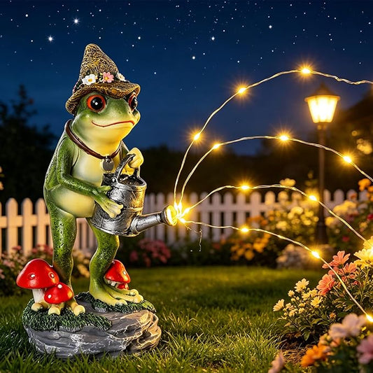 Solar Frog Statue for Garden with Watering Can Light 8.8" Resin Frog Figurine Outdoor Patio Porch Yard Decor Unique Birthday Housewarming Gifts for Women Mom Grandma Wife Sister