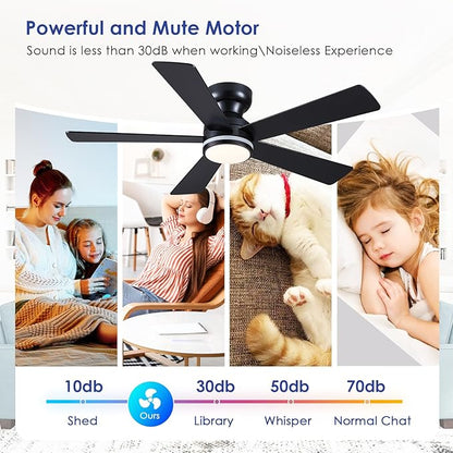 Black RGB Ceiling Fans with Lights - 46" Flush Mount Ceiling Fan with Remote APP, RGB+3CCT Dimmable Led Light, Reversible 6 Wind Speeds&2H Timer, Low Profile Modern Fan Light Fixture for Bedroom Party
