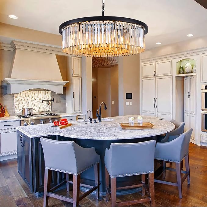 Wellmet Crystal Chandeliers for Dining Room,3 Tiers Black Farmhouse Chandelier for Bedrooms,9 Lights Modern Light Fixture for Kitchen Island,Living Room,Hallway,Golden Teak,W-33.46”