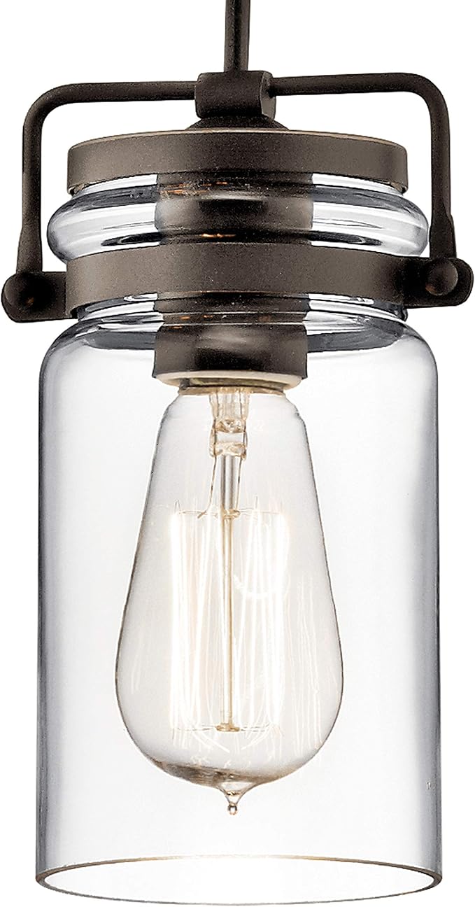 Kichler Brinley 7.75" Kitchen Pendant in Olde Bronze®, Mini Farmhouse Pendant with Clear Glass, (7.75" H x 4.75" W), 42878OZ, 1-Light