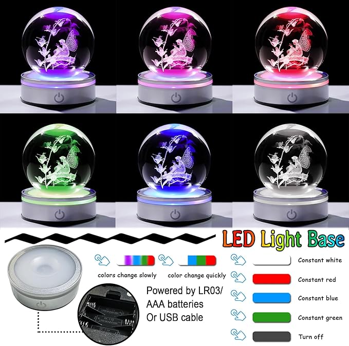 Crystal 3D Fairy 3.15in Ball Figurine Gifts for Women, Collectible Glass Witchy Sphere for Her Room with LED Light Base, Snow Globe Keepsakes for Fairy Lovers Home Decor
