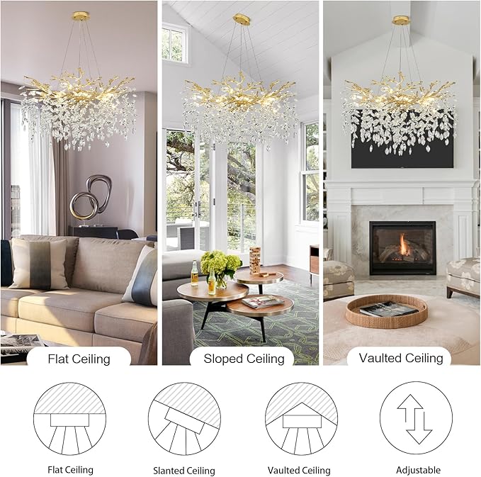 Crystal Chandeliers,23.6" Gold Modern Round Crystal Chandeliers for Dining Room Industrial Farmhouse Raindrop Chandelier for Kitchen Island, Living Room, Bedroom, Entryway (8-Light)