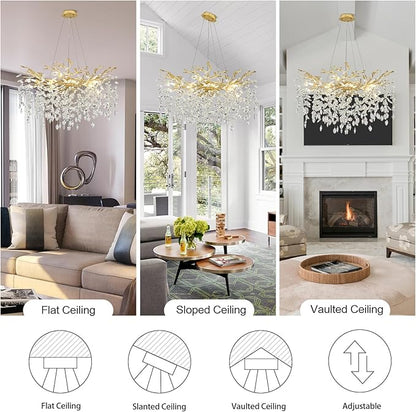 Crystal Chandeliers,23.6" Gold Modern Round Crystal Chandeliers for Dining Room Industrial Farmhouse Raindrop Chandelier for Kitchen Island, Living Room, Bedroom, Entryway (8-Light)