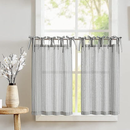 JINCHAN Tie Top Linen Kitchen Curtains 24 Inch Striped Tier Curtains Farmhouse Modern Cafe Style Small Window Treatments Airy Light Filtering Rod Pocket for Living Room Bathroom 2 Panels Charcoal Grey