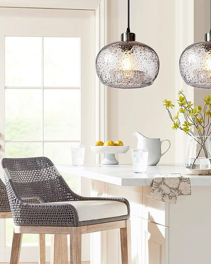 CASAMOTION Handblown Glass Pendant Lighting Drop Ceiling Lights, Modern Rustic Hanging Light Clear Seeded Glass with Black Marble, Brushed Nickel Finish, 8.7 Inch Diameter