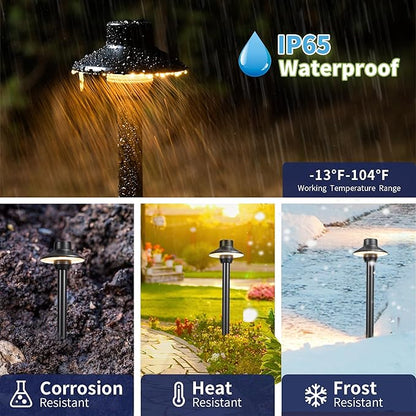 Gardenreet Outdoor Brass Pathway Lights, Low Voltage Landscape Path Light Wired, 12V Walkway Lighting LED IP65 Waterproof, Hat Black for Outside Garden Yard with 2700K Warm White G4 Bulb (4 Pack)