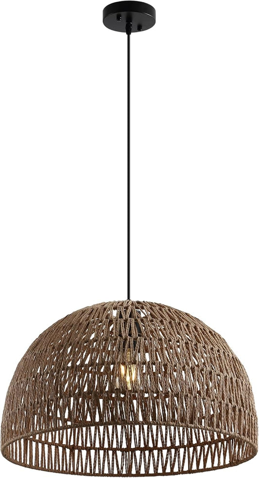JONATHAN Y 20" Brown Modern Bohemian Woven Rope LED Pendant Light Fixture, Adjustable Dome Ceiling Lamp for Kitchen Island, Rope Shade, Coastal Farmhouse Decor (JYL6504F)