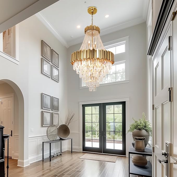Luxury Crystal Chandelier for High Ceilings, 30" 17-Light Gold Lighting Fixture for Foyer Entryway, Stairway, Open Dining Room