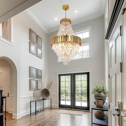 Luxury Crystal Chandelier for High Ceilings, 30" 17-Light Gold Lighting Fixture for Foyer Entryway, Stairway, Open Dining Room