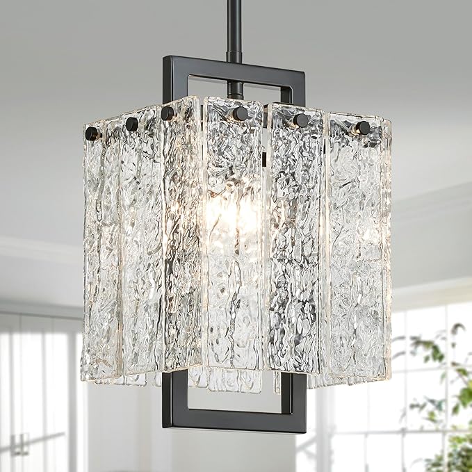 Shrine Lighting Black Chandeliers, Modern Glass Pendnat Light for Dining Room, D6.3''×H19.5'', Adjustable 50.8'', 1 x E12 Sockets, Glass LampShade & Black Finish Frame