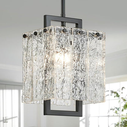 Shrine Lighting Black Chandeliers, Modern Glass Pendnat Light for Dining Room, D6.3''×H19.5'', Adjustable 50.8'', 1 x E12 Sockets, Glass LampShade & Black Finish Frame