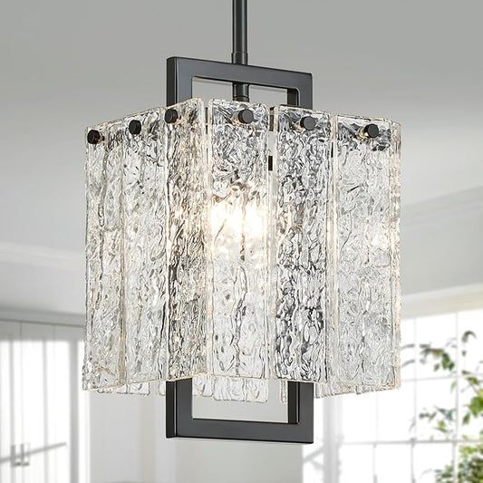 Shrine Lighting Black Chandeliers, Modern Glass Pendnat Light for Dining Room, D6.3''×H19.5'', Adjustable 50.8'', 1 x E12 Sockets, Glass LampShade & Black Finish Frame