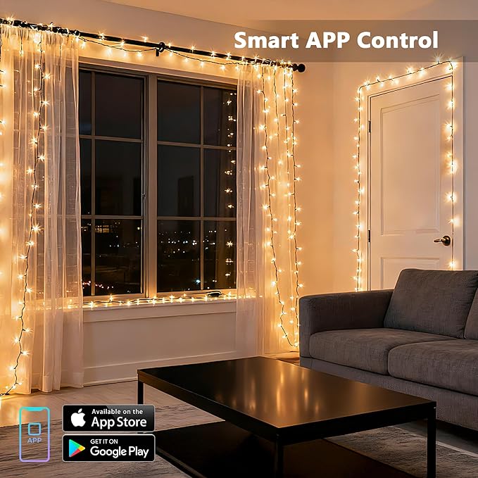 BrizLabs Smart Christmas Lights, 66FT 200 LED Warm White Christmas Fairy Lights with App/Voice Control, Multiple Modes with Playlist Function, Dimmable Light String, Music Sync Party Light Green Wire
