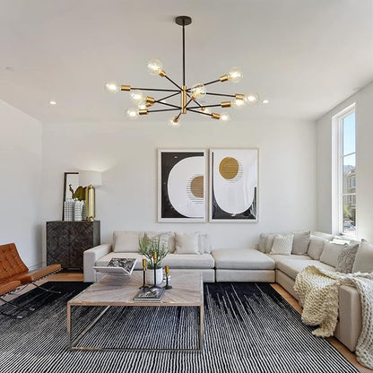 RUIYEY Modern Chandelier Ceiling Light Fixture - Sputnik Chandeliers Gold and Black Farmhouse 12-Light Height Adjustable for Dining Room, Living Room, Kitchen Island