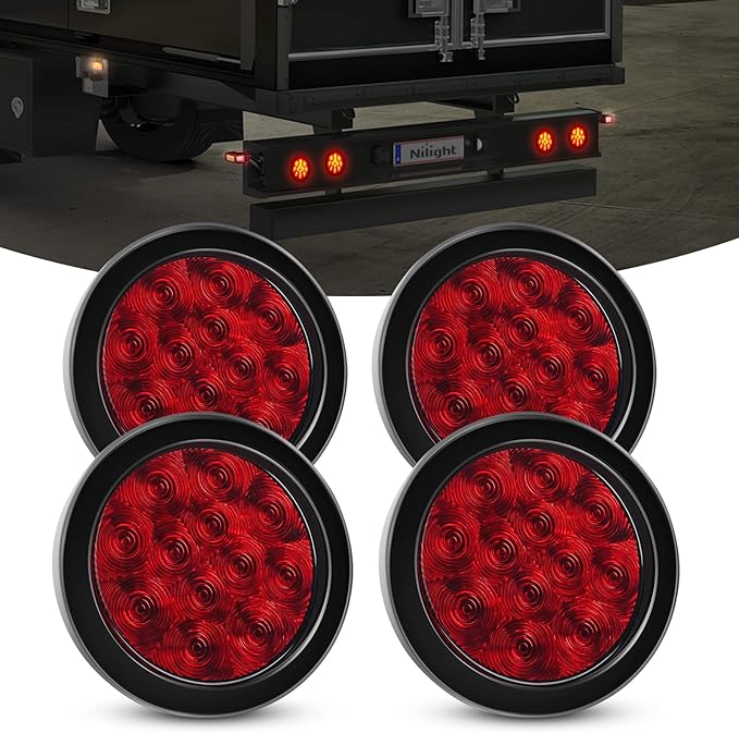 Nilight 4PCS 4" 12LED Red Round Stop Brake Turn Tail Lights w/Surface Mount Grommet Plugs IP67 Trailer Light for Truck RV